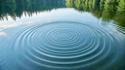Serene lake water with concentric ripples and lush greenery