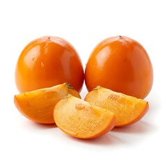 Sliced and whole persimmons on a white background with a clean and simple composition.