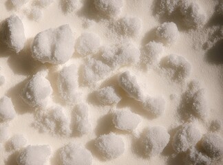 Macro texture of fluffy white sugar crystals on creamy surface &mdash; ideal for food, baking, or sweet concept visuals in ads, packaging, and recipe content.
