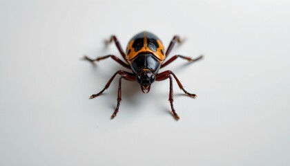 Fototapeta premium A close up insect with orange and black markings on its body. The insect has large eyes and numerous legs, suggesting it's an adult specimen.