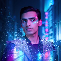 Futuristic Man in Glowing Holographic Jacket Against Neon Cyberpunk City &ndash; Sci-Fi Portrait for Tech, Gaming & Digital Design