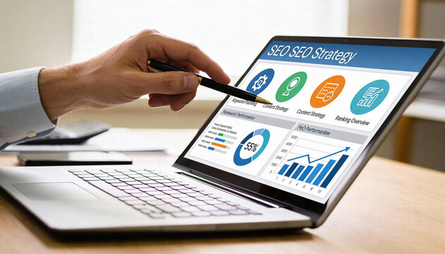 SEO strategy performance metrics content strategy ranking overview digital marketing analytics tools business growth data visualization laptop - Powered by Adobe