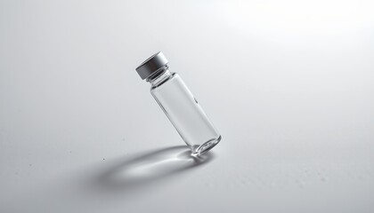 An overturned clear glass bottle against a light background, with a reflective surface showing a faint circle below it, suggesting an optical effect