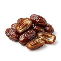 Pile of fresh and dried dates with some cut open on a white background, showcasing their texture and interior.