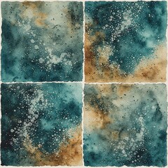 Abstract Cosmic Watercolor Tiles in Teal and Gold &ndash; Ethereal Space-Inspired Pattern for Modern Design