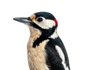 A close-up portrait of a bird with striking black, white, and red plumage, set against a stark, black backdrop
