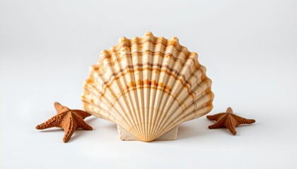 A seashell with a coral pattern resting against two starfish. The shell and starfish are in clear focus against a white background.