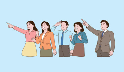 Five office workers are standing in the distance. Simple line drawing illustration.