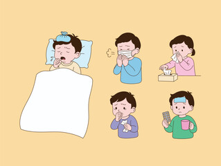children with a cold. Simple line drawing illustration.