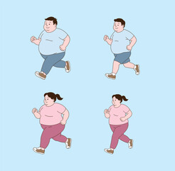 Fat people are running. Simple line drawing illustration.