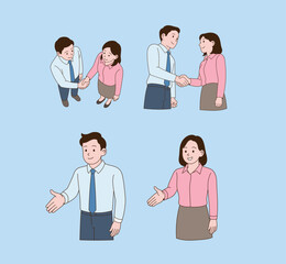 an office worker asking for a handshake. Simple line drawing illustration.