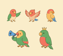 Various parrot characters. Simple line drawing illustration.