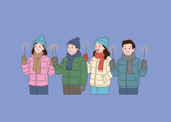 People holding stick fireworks in winter. Simple line drawing illustration.