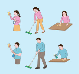House cleaning people. Simple line drawing illustration.