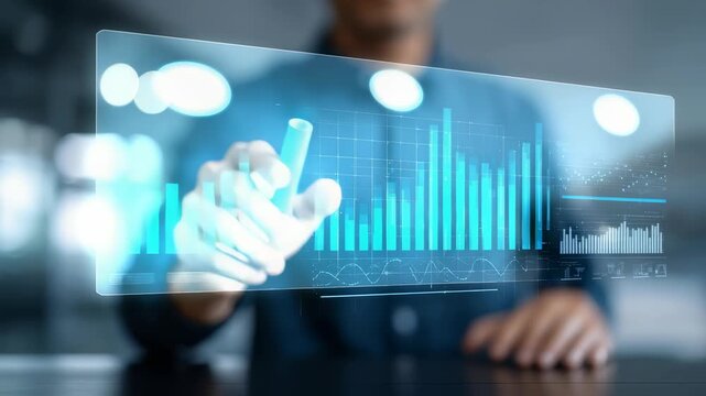 Professional hand interacts with virtual screen displaying advanced financial graphs, analytics. Represents innovation, digital transformation, data driven decision making in business