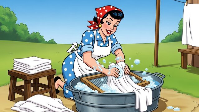 Cartoon image of a woman diligently washing clothes outdoors in a traditional setting