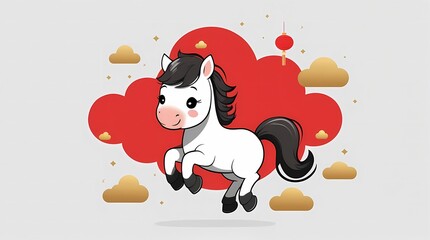white cute cartoon horse floating with red cloud background