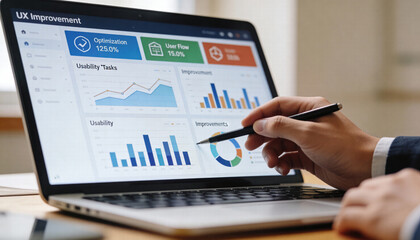 UX improvement optimization user flow usability tasks data analysis performance metrics charts graphs digital interface technology