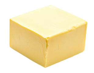 A close-up shot of a perfect butter brick with a warm yellow color against a transparent background. A culinary delight