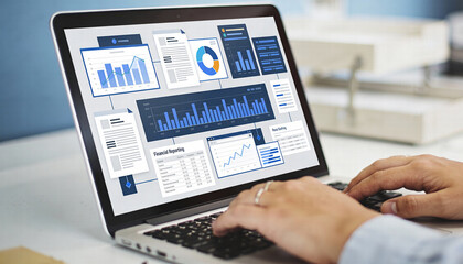Data analysis financial reporting charts graphs business insights digital interface laptop corporate environment statistics productivity