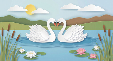 Obraz premium Two paper swans forming heart shape in lake 