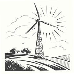 Wind turbine on hilltop caught by sunlight farm house