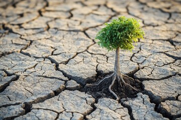 A young tree with vibrant green leaves has sprouted from a crack in the dry, cracked earth, symbolizing resilience and hope.