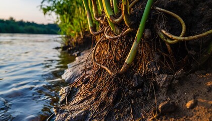 Close-up of exposed plant roots along a riverbank, showcasing the intricate network of life at the waters edge.