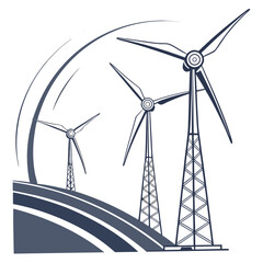 Wind turbines on a hill with transparent background