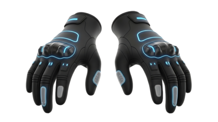 Futuristic cybernetic gloves with blue glowing accents and holographic display isolated on transparent background