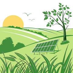 Green field with solar panel and tree under warm sun