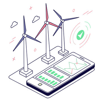 Holographic wind farm display on a smartphone screen with green graphs