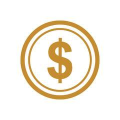 Gold coin icon with a dollar sign symbol isolated on white.