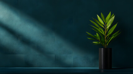 Minimalist plant decor shadow wall, green leaf houseplant, dark teal interior, black pot, modern home, copy space style calm mood