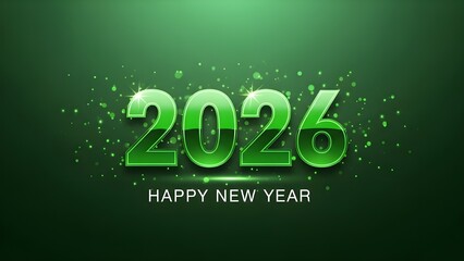 Festive 2026 Happy New Year graphic with shiny green numbers and sparkling confetti on a dark emerald background, symbolizing fresh starts and celebrations