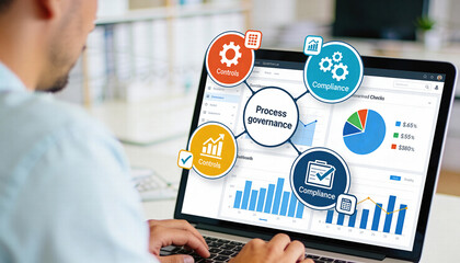 Data analysis process governance compliance controls business metrics performance monitoring digital dashboard analytics tools visual data
