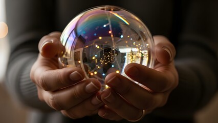 A person's hands gently cup a clear, iridescent sphere filled with sparkling lights, creating a magical and reflective visual.
