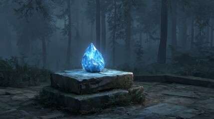A luminescent blue crystal, shaped like a teardrop, rests on a stone pedestal within a foggy, dark forest, evoking mystery
