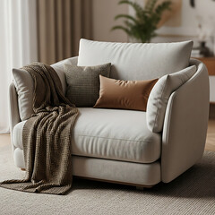 Cozy and inviting living room armchair with a soft blanket draped over it, showcasing comfortable seating and home decor