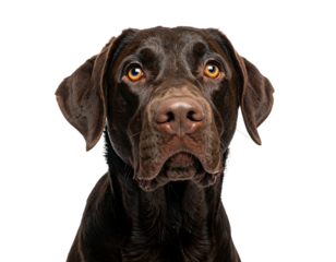 A close-up portrait of a brown Labrador Retriever against a stark black background. The dog gazes directly at the viewer