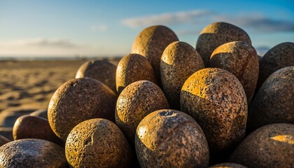 Close-up of naturally rounded stones on a beach under a bright sky.