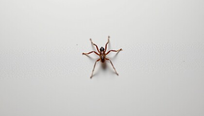A close up photograph of an ant with six legs, taken against a white background.