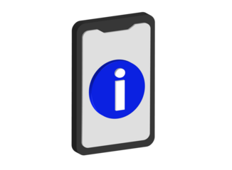Simple 3D illustration of a cell phone icon with an information symbol on the screen