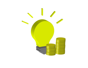 Simple 3D illustration of a light bulb icon with a stack of coins