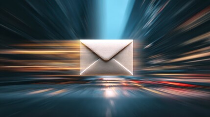A luminous envelope floats against a blurred cityscape, emphasizing digital communication and rapid information transfer