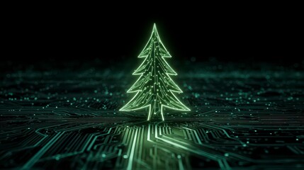 A luminous, neon-green Christmas tree shimmers above a textured, circuit-board-like platform, exuding a futuristic, digital holiday vibe