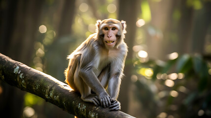 Monkey on Tree Branch in Jungle during Golden Hour Wildlife Scene