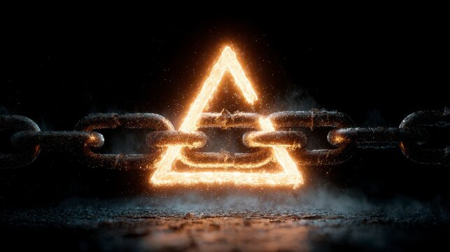 A luminous triangle, outlined in fire, floats within a chain set against a black backdrop, with smoky atmosphere