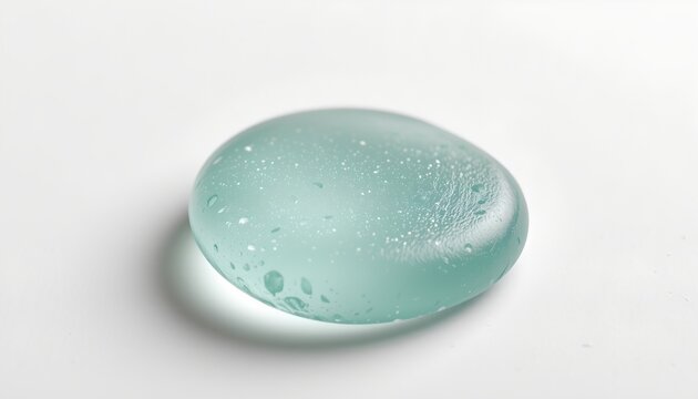 A single, irregularly shaped, translucent green soap stone placed atop a white surface against a light gray background