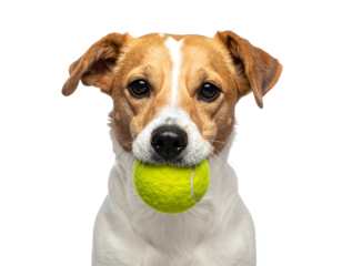 A close-up shot of a cute, brown and white spotted canine holding a tennis ball in its mouth, against a plain black backdrop